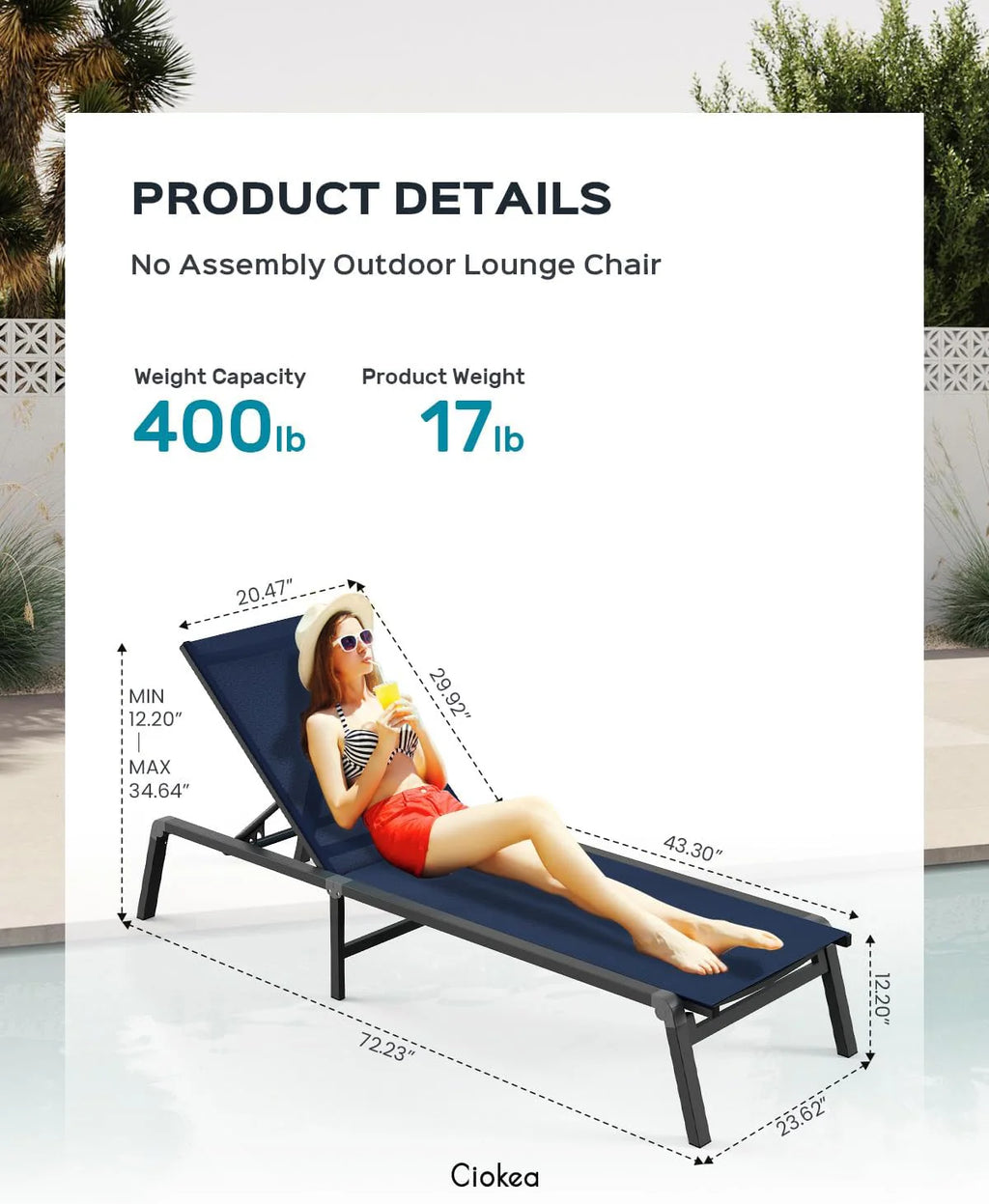 Chaise longue de jardin pliante en aluminium, sans montage, avec dossier réglable 5 positions, idéale pour terrasse, piscine et plage – Noir