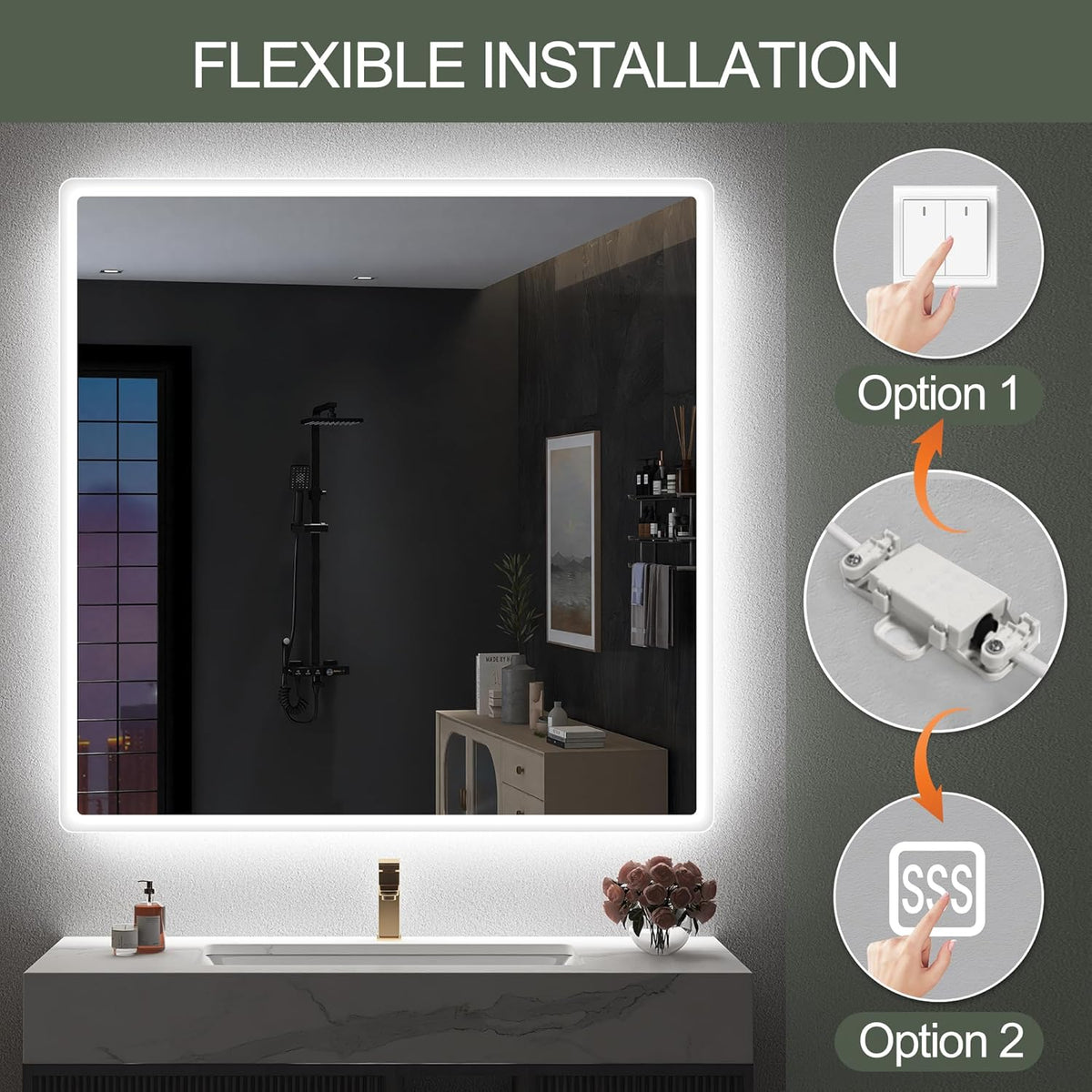Miroir de salle de bain S'bagno avec éclairage 1200 x 700 mm, IP44, LED, Bluetooth, antibuée, 3 couleurs de lumière (3 000 K, 4 000 K, 6 500 K), intensité variable, mémoire, vertical ou horizontal. Miroirs de salle de bain avec LED.