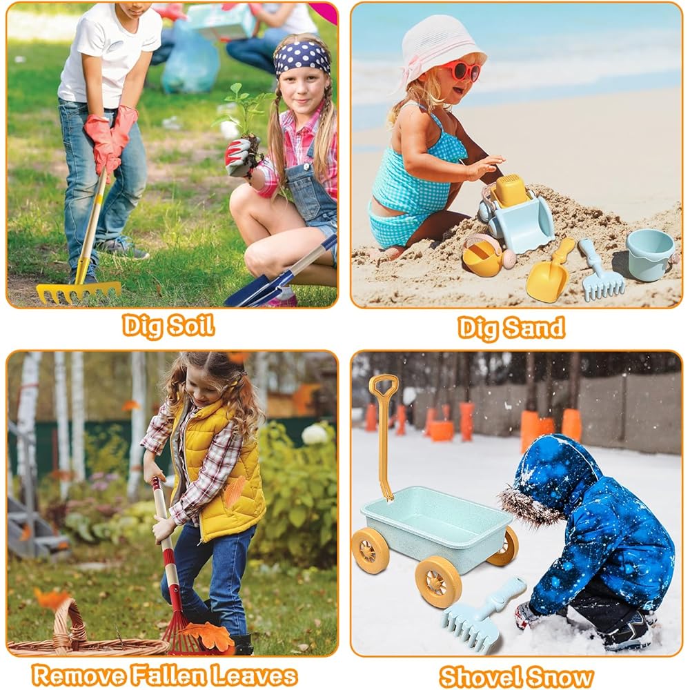 Mostop Kit d'outils de jardinage pour enfants - Jouet avec brouette, pelle en métal, râteau, râteau, chariot de jardin extérieur, cadeau d'anniversaire pour garçons et filles de 4 à 8 ans : Jeux et Jouets