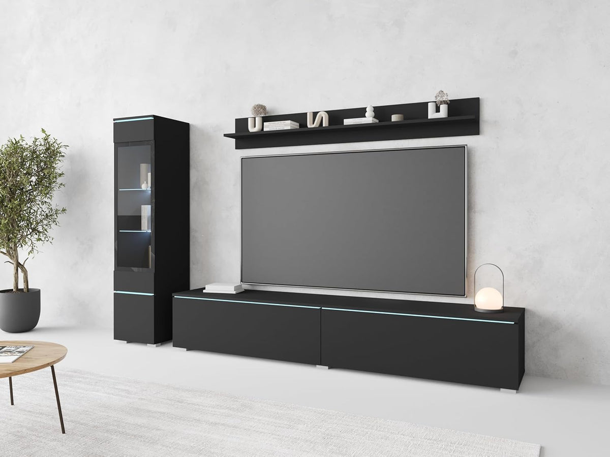 Ensemble de salon Piaski Vera I, éclairage LED en option, couleurs variées (béton/blanc brillant, sans éclairage LED)