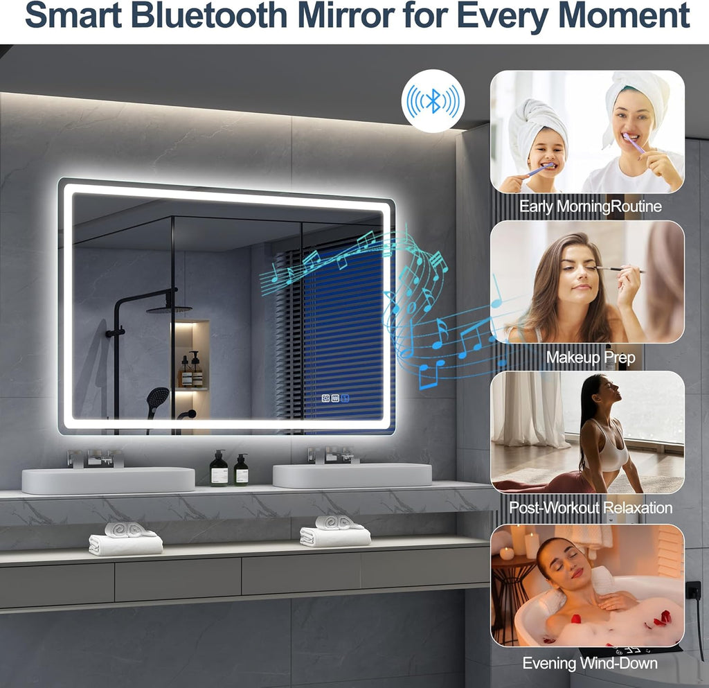 Miroir de salle de bain S'bagno avec éclairage 120 x 70 cm, miroir de salle de bain LED avec Bluetooth et fonction antibuée, intensité variable 3000 K/4000 K/6500 K, mémoire de forme, verre trempé HD, IP44 - Miroirs de salle de bain LED, horizontaux