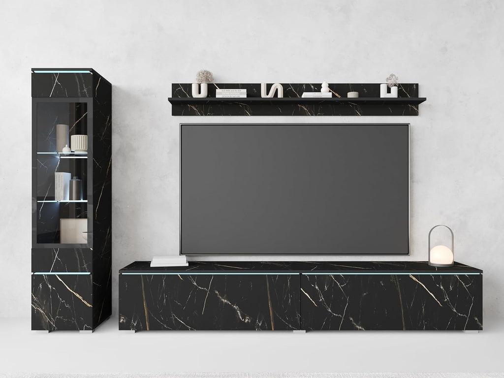 Ensemble de salon Piaski Vera I, éclairage LED en option, couleurs variées (béton/blanc brillant, sans éclairage LED)