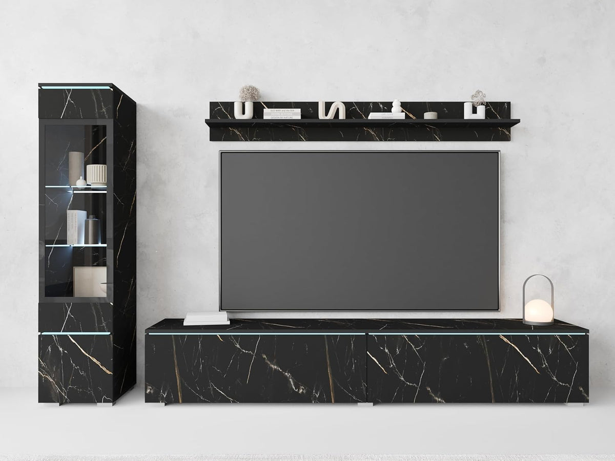 Ensemble de salon Piaski Vera I, éclairage LED en option, couleurs variées (béton/blanc brillant, sans éclairage LED)
