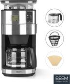 BEEM FRESH-AROMA-PERFECT II Filterkaffeemaschine mit Mahlwerk - Thermo | Edelstahl | Thermokanne | 24h-Timer | 1000 W | 180 g Bohnenbehälter
