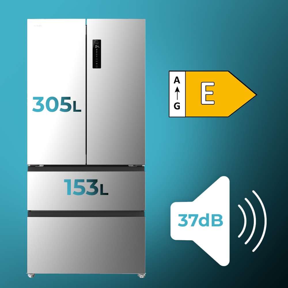 Cecotec Réfrigérateur Porte Française de 4 Portes Semi-Intégrable 458L Total No Frost Bolero CoolMarket F2D 458 SBI Inox E, Hauteur 189 cm et 83 cm La