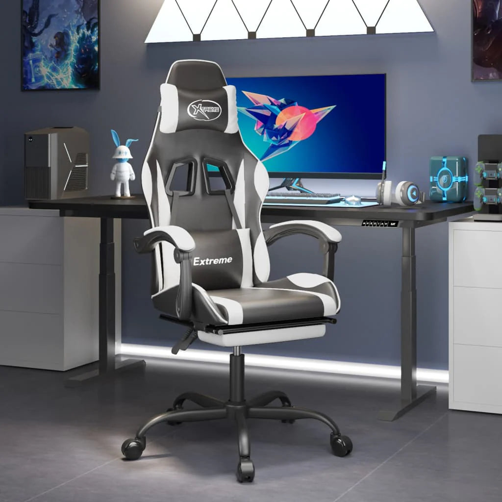Chaise de jeu 2025 avec repose-pieds pivotant, similicuir noir et blanc V8635