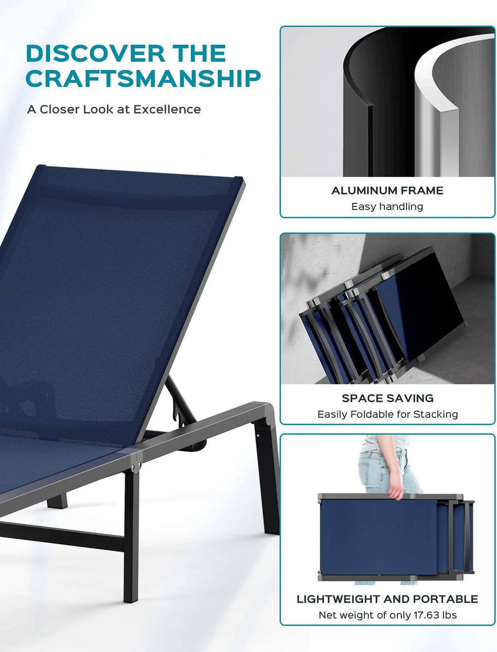 Chaise longue de jardin pliante en aluminium, sans montage, avec dossier réglable 5 positions, idéale pour terrasse, piscine et plage – Noir