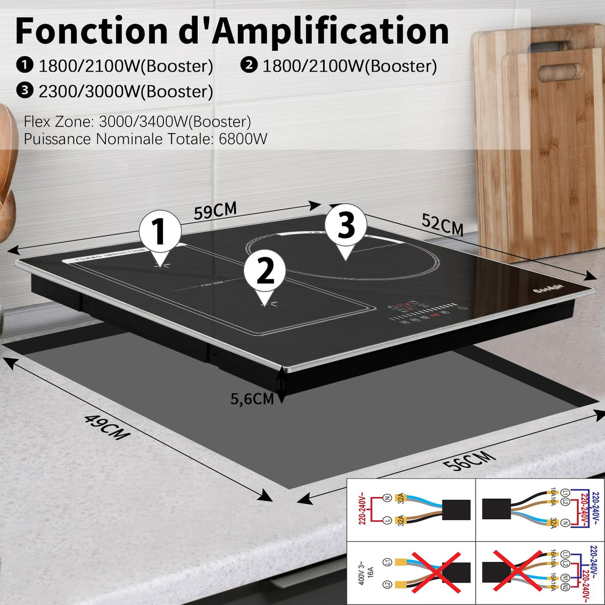 Cooksir Plaque Induction 3 Feux avec Cadre, Table de Cuisson Induction 60cm Encastrable, 6800W, Commande Tactile à Curseur, Bord Inox, Zone Flexibles