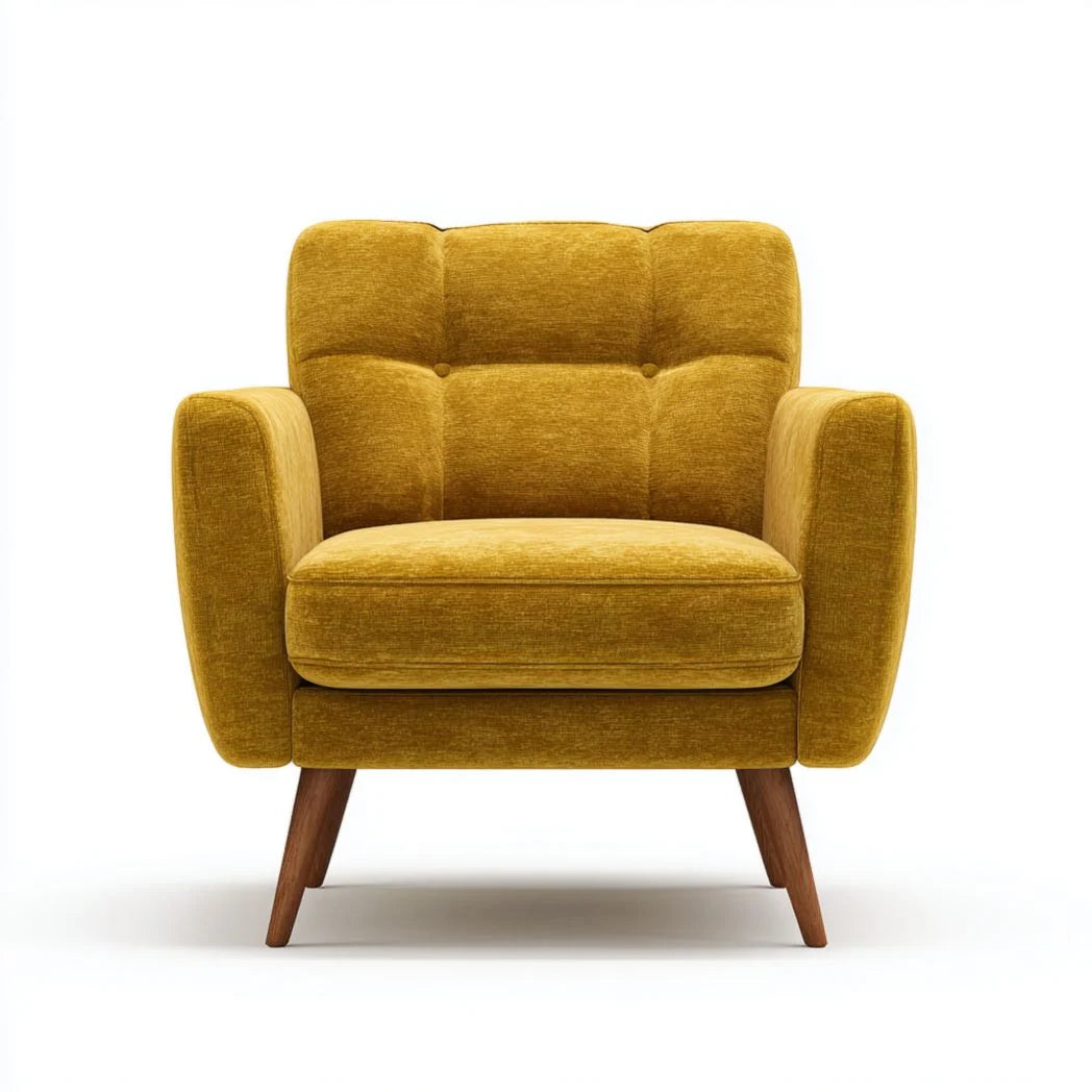 Fauteuil en tissu jaune avec dossier capitonné et coussin d’assise, pieds en bois