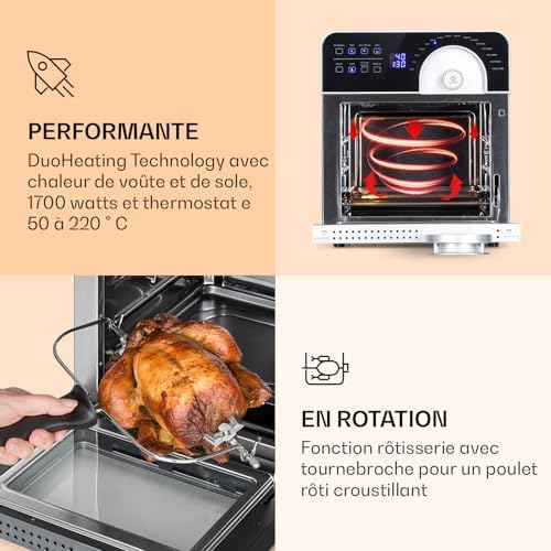 KLARSTEIN AeroVital Cube Chef   Friteuse sans huile, Air fryer, 1700 W, technologie DuoHeating, volume de 14L, 16 programmes, écran tactile, durée: environ 10h, thermostat: 50 220 °C, Inox, Noir : Cuisine et Maison