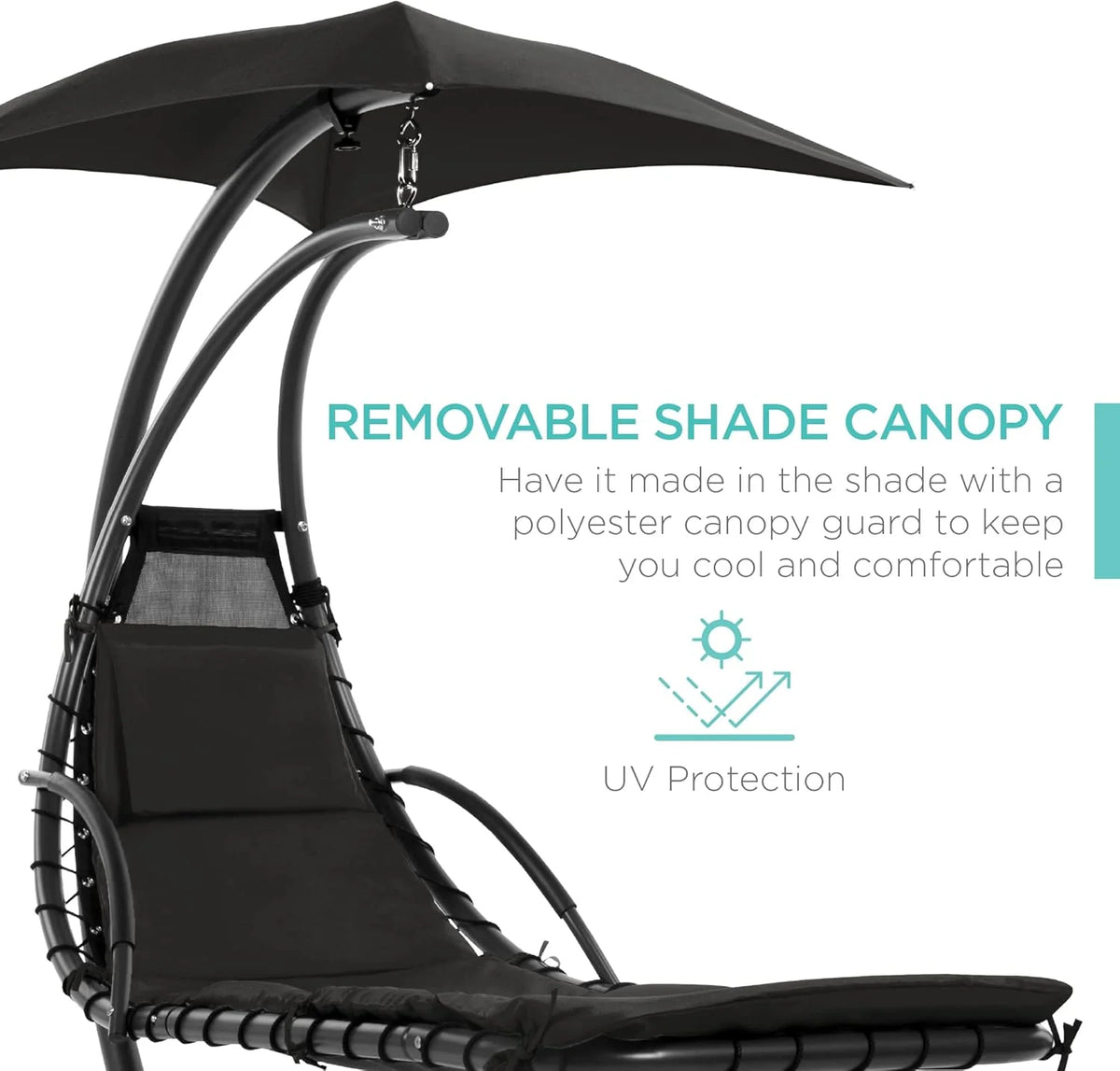Chaise longue suspendue d'extérieur Best Choice Products – Fauteuil à bascule incurvé en acier avec coussin intégré et auvent amovible – Gris anthracite