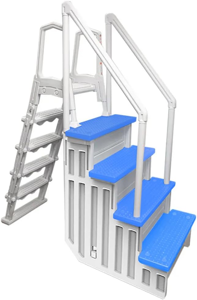 Marches antidérapantes Aqua Select pour piscines hors sol | Bleues | Pour piscines hors sol | Installation possible sur des terrasses de 122 à 137 cm de hauteur | Échelle de sécurité supportant jusqu'à 113 kg