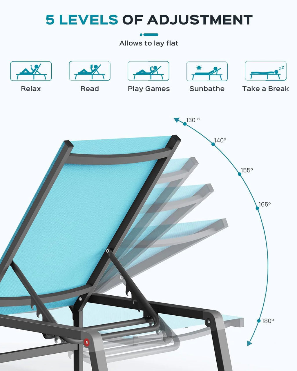 Chaise longue de jardin pliante en aluminium, sans montage, avec dossier réglable 5 positions, idéale pour terrasse, piscine et plage – Noir