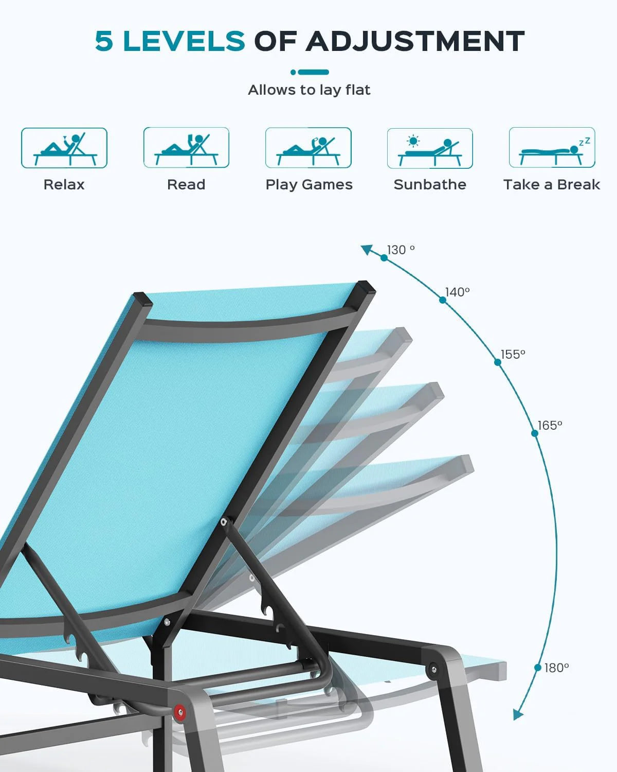 Chaise longue de jardin pliante en aluminium, sans montage, avec dossier réglable 5 positions, idéale pour terrasse, piscine et plage – Noir