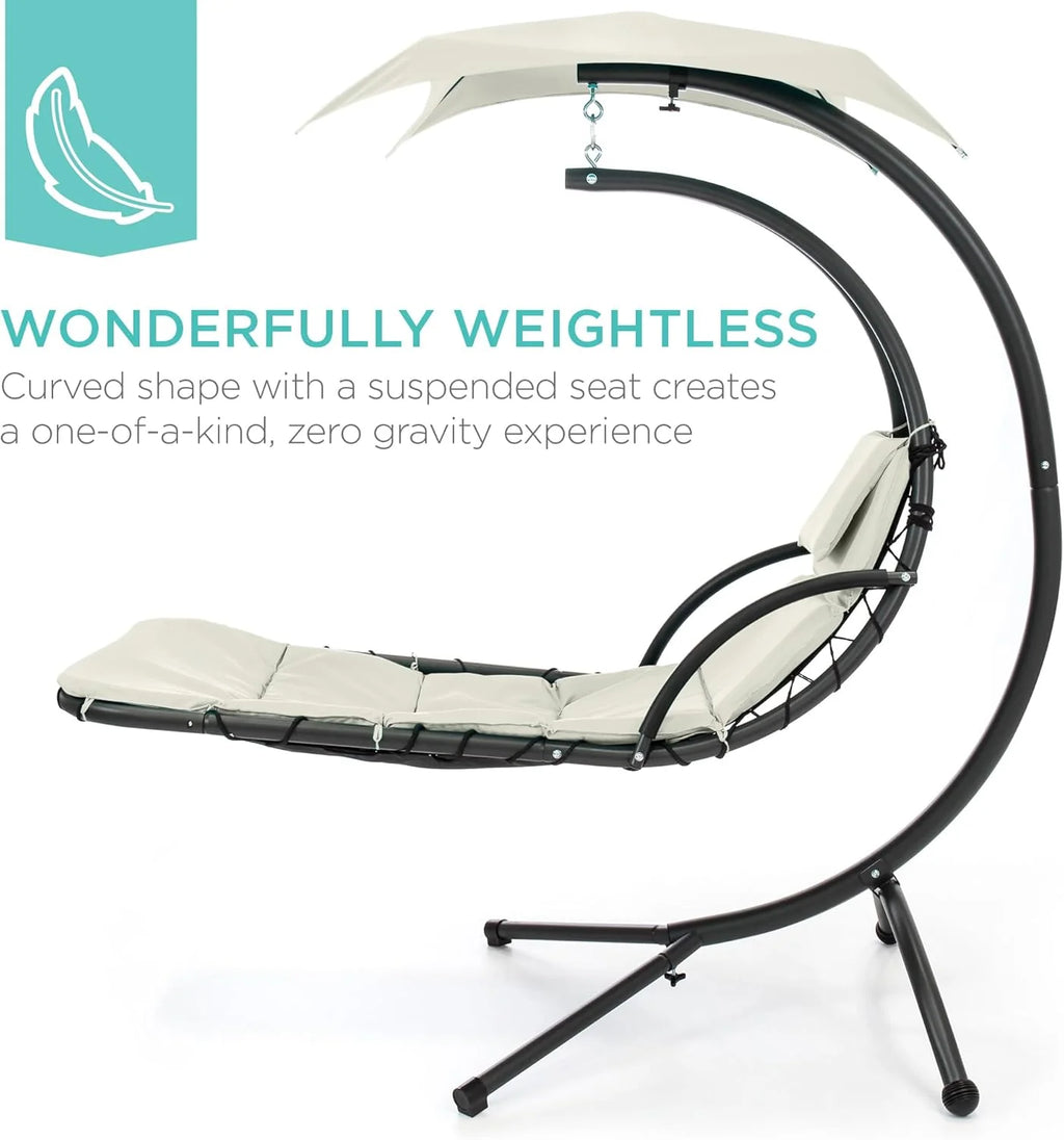 Chaise longue suspendue d'extérieur Best Choice Products – Fauteuil à bascule incurvé en acier avec coussin intégré et auvent amovible – Gris anthracite