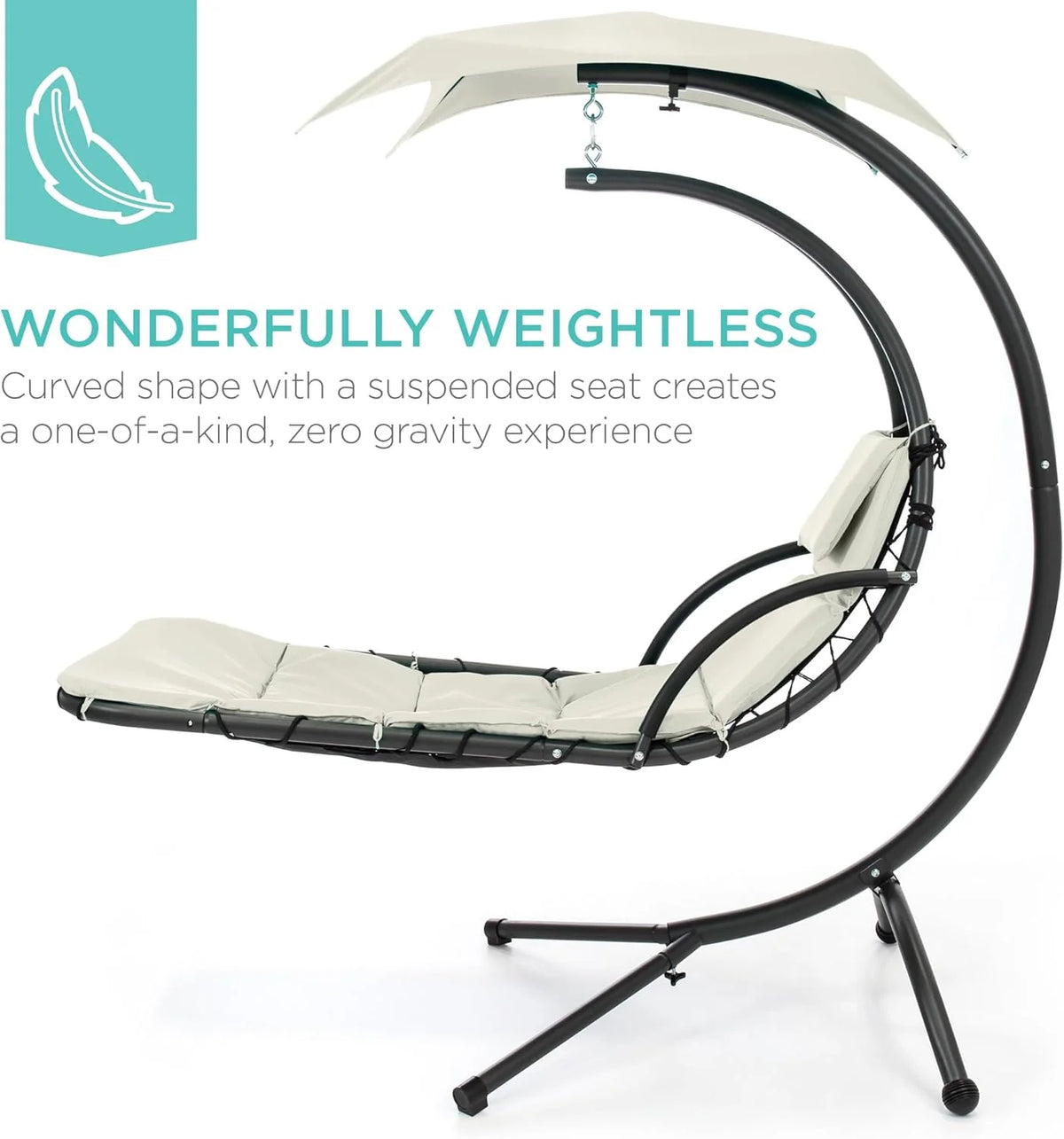 Chaise longue suspendue d'extérieur Best Choice Products – Fauteuil à bascule incurvé en acier avec coussin intégré et auvent amovible – Gris anthracite