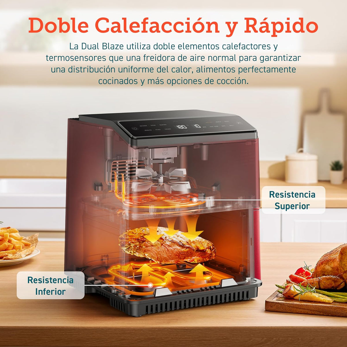 Friteuse à air sans huile COSORI 6,4 L, double chauffage, sans remuer ni préchauffer, avec recettes en espagnol et 12 programmes, gris foncé, modèle CAF-P583S