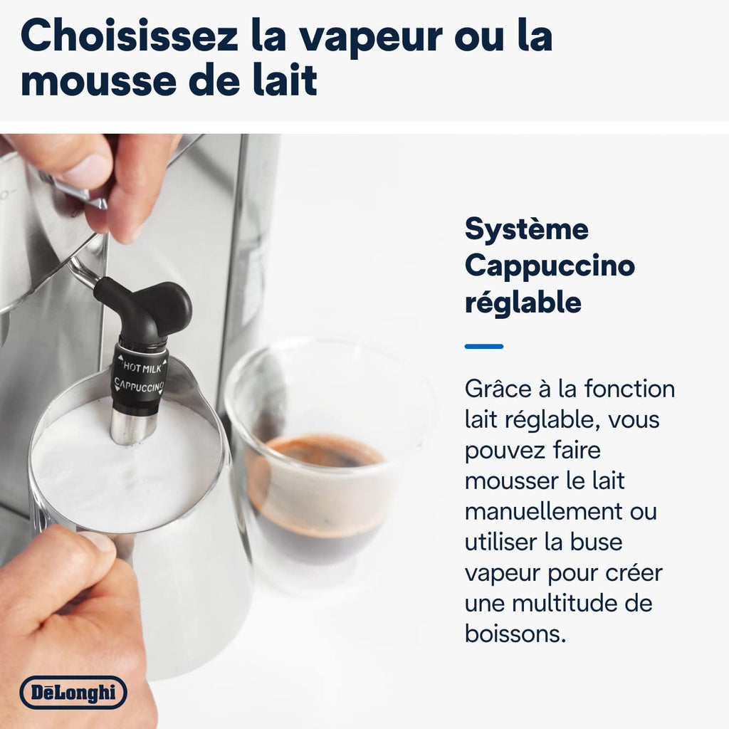 De'Longhi Dedica Style EC685.W, Machine à Café à Pompe en Acier Inoxydable Pour Café Moulu ou Dosettes, Machine à Espresso et Cappuccino, Réservoir de 1,3L, Système Anti-goutte, Blanc