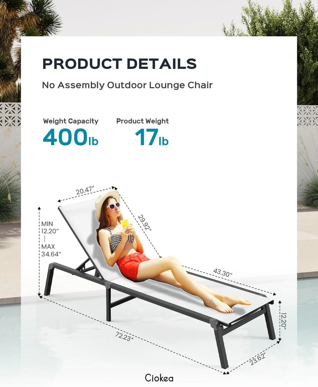 Chaise longue de jardin pliante en aluminium, sans montage, avec dossier réglable 5 positions, idéale pour terrasse, piscine et plage – Noir
