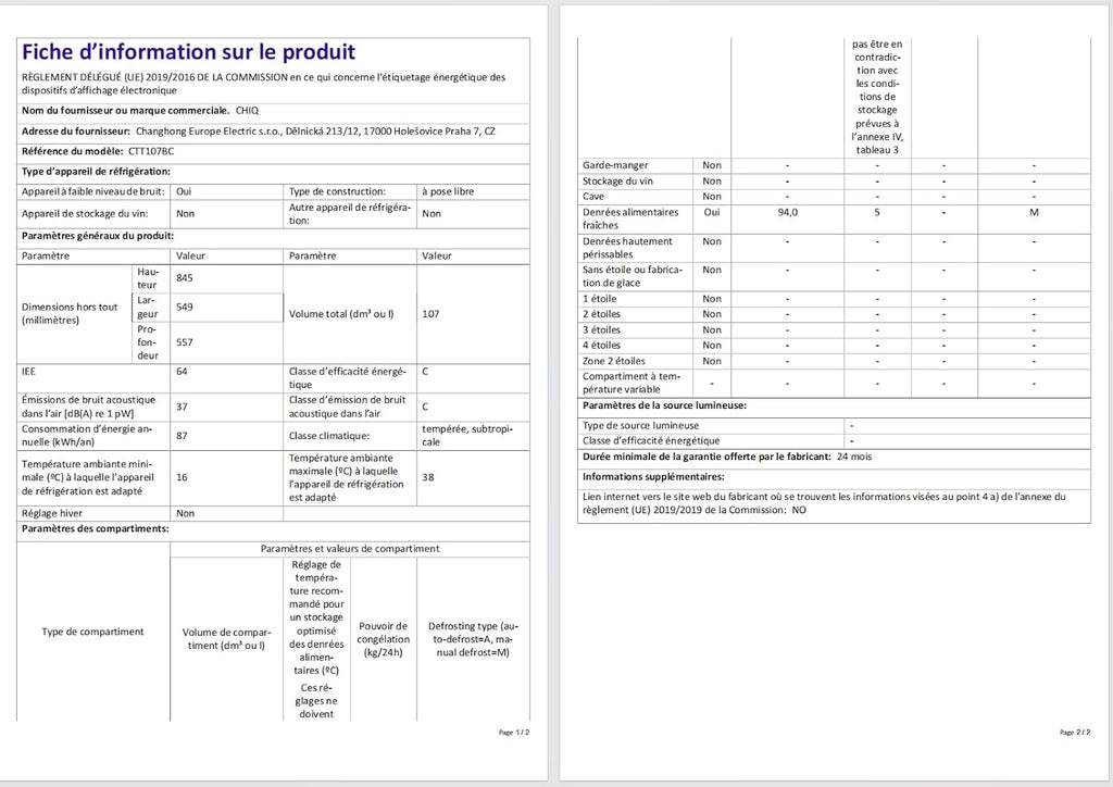 Réfrigérateur CHIQ 107 litres, hauteur : 845 mm, profondeur : 556 mm, noir