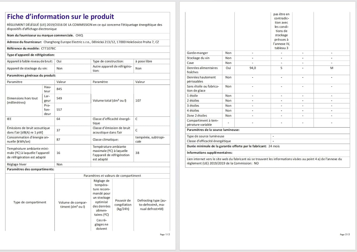 Réfrigérateur CHIQ 107 litres, hauteur : 845 mm, profondeur : 556 mm, noir