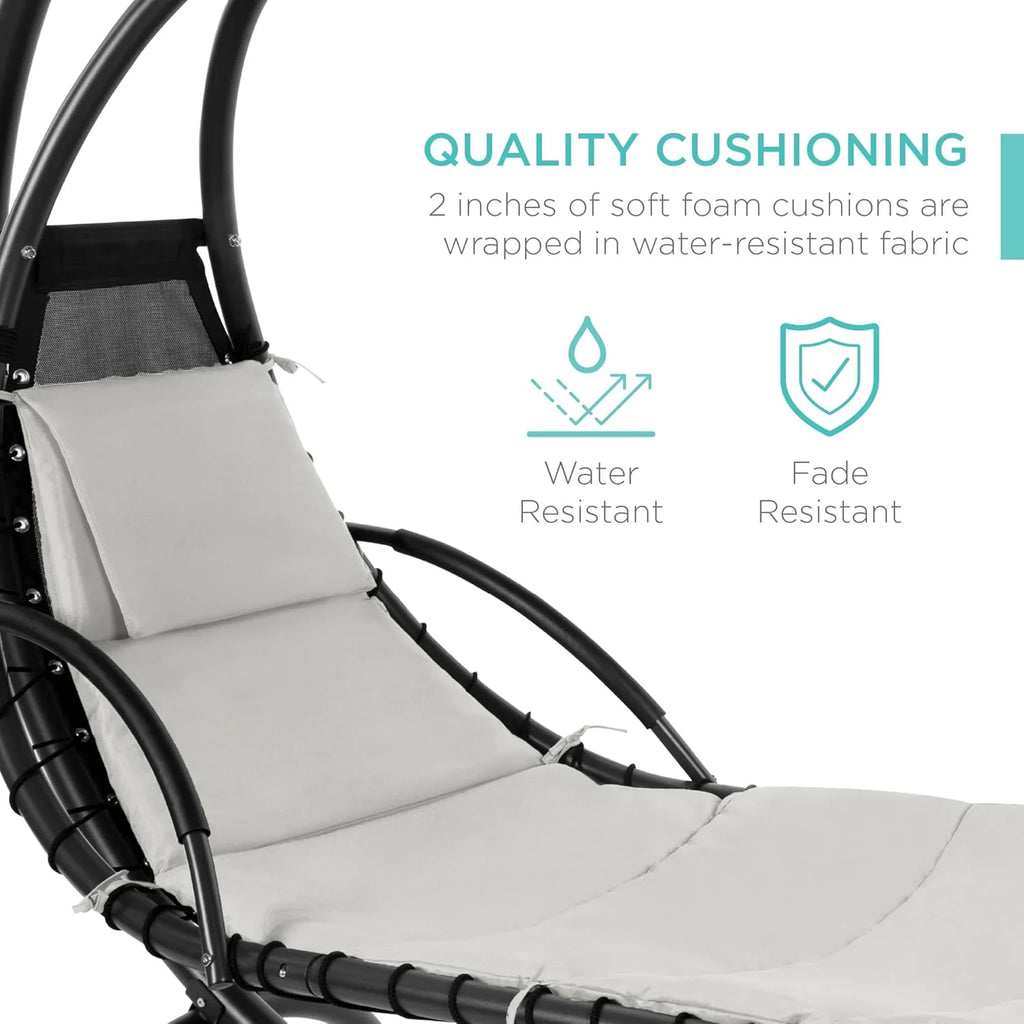 Chaise longue suspendue d'extérieur Best Choice Products – Fauteuil à bascule incurvé en acier avec coussin intégré et auvent amovible – Gris anthracite