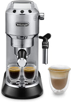 Machine à café De'Longhi Dedica - Acier inoxydable, pompe, pour café moulu ou dosettes, expresso et cappuccino, réservoir de 1,3 litre, système anti-gouttes, modèle EC685.M, couleur métal