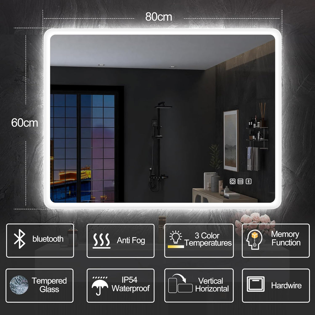 Miroir de salle de bain S'bagno avec éclairage 1200 x 700 mm, IP44, LED, Bluetooth, antibuée, 3 couleurs de lumière (3 000 K, 4 000 K, 6 500 K), intensité variable, mémoire, vertical ou horizontal. Miroirs de salle de bain avec LED.