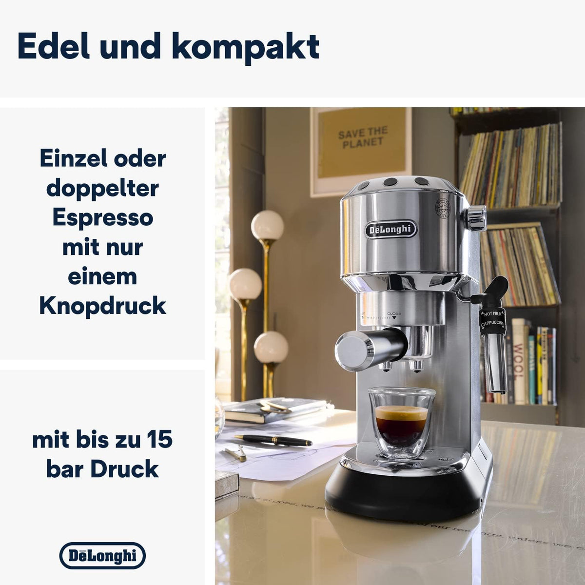 De'Longhi Dedica Style EC685.W, Machine à Café à Pompe en Acier Inoxydable Pour Café Moulu ou Dosettes, Machine à Espresso et Cappuccino, Réservoir de 1,3L, Système Anti-goutte, Blanc