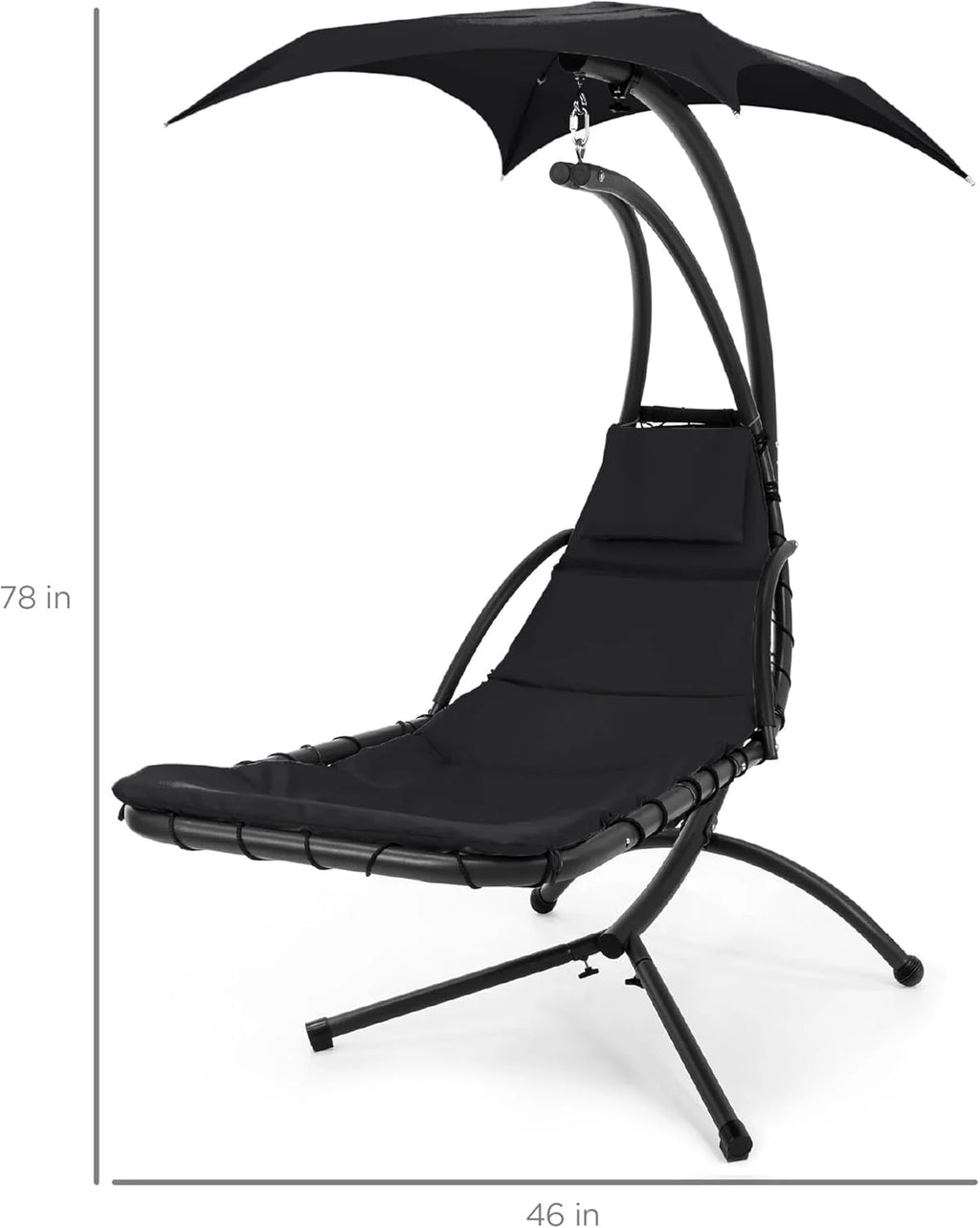 Chaise longue suspendue d'extérieur Best Choice Products – Fauteuil à bascule incurvé en acier avec coussin intégré et auvent amovible – Gris anthracite