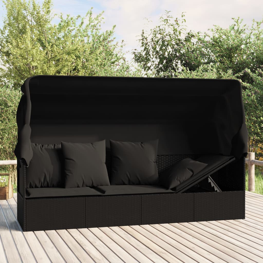 Canapé de jardin 2025 avec auvent, coussins et rotin synthétique noir