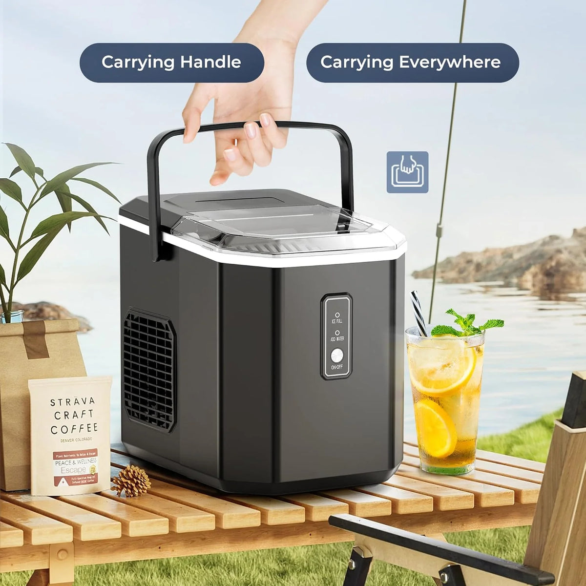 Machine à glaçons de comptoir EUHOMY – Prête en 8 minutes. 16 kg/24 h. Autonettoyante. Machine à glaçons portable avec pelle et seau. Glaçons comestibles produits par ultrasons pour la maison, les fêtes, le camping ou les caravanes.