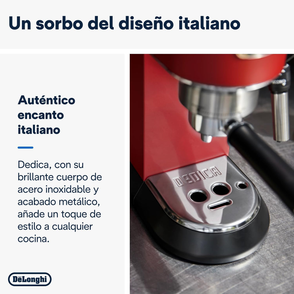 Machine à café De'Longhi Dedica - Acier inoxydable, pompe, pour café moulu ou dosettes, expresso et cappuccino, réservoir de 1,3 litre, système anti-gouttes, modèle EC685.M, couleur métal