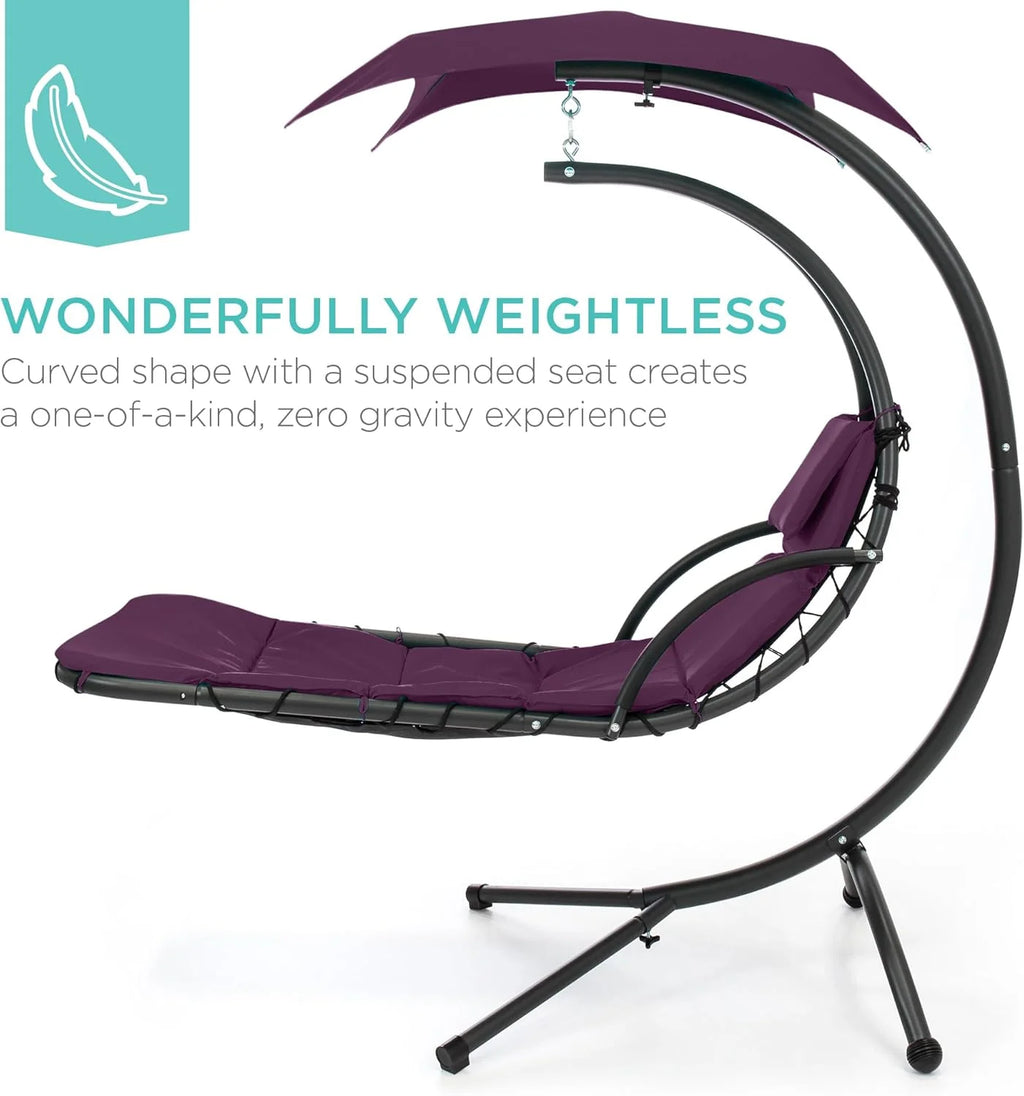 Chaise longue suspendue d'extérieur Best Choice Products – Fauteuil à bascule incurvé en acier avec coussin intégré et auvent amovible – Gris anthracite