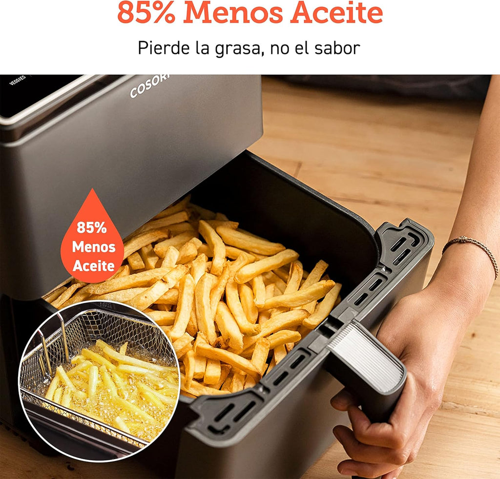 Friteuse à air sans huile COSORI 6,4 L, double chauffage, sans remuer ni préchauffer, avec recettes en espagnol et 12 programmes, gris foncé, modèle CAF-P583S