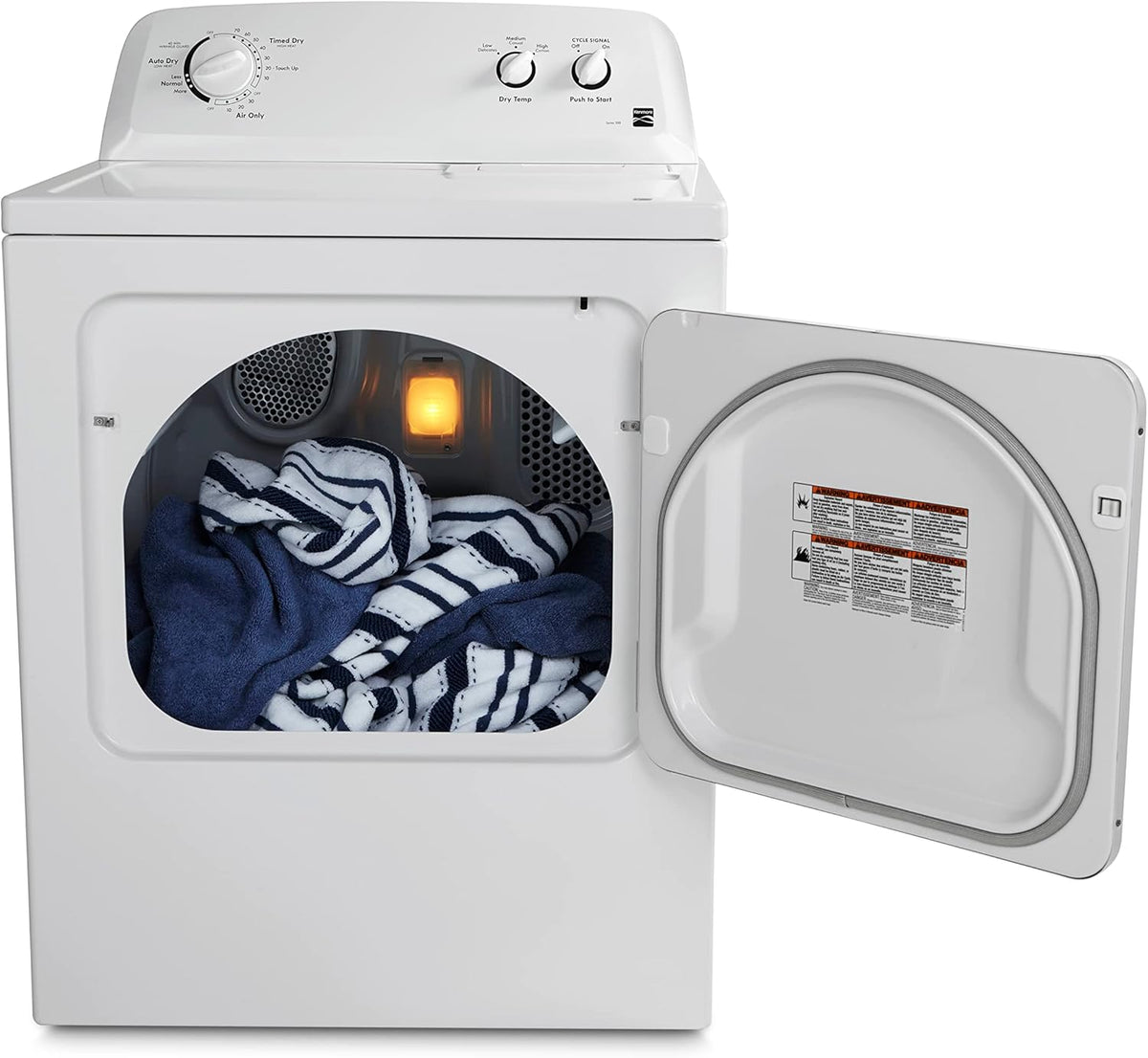 Sèche-linge électrique Kenmore à chargement frontal de 74 cm (29 po) avec protection anti-froissage et capacité totale de 198 litres (7 pi³), blanc