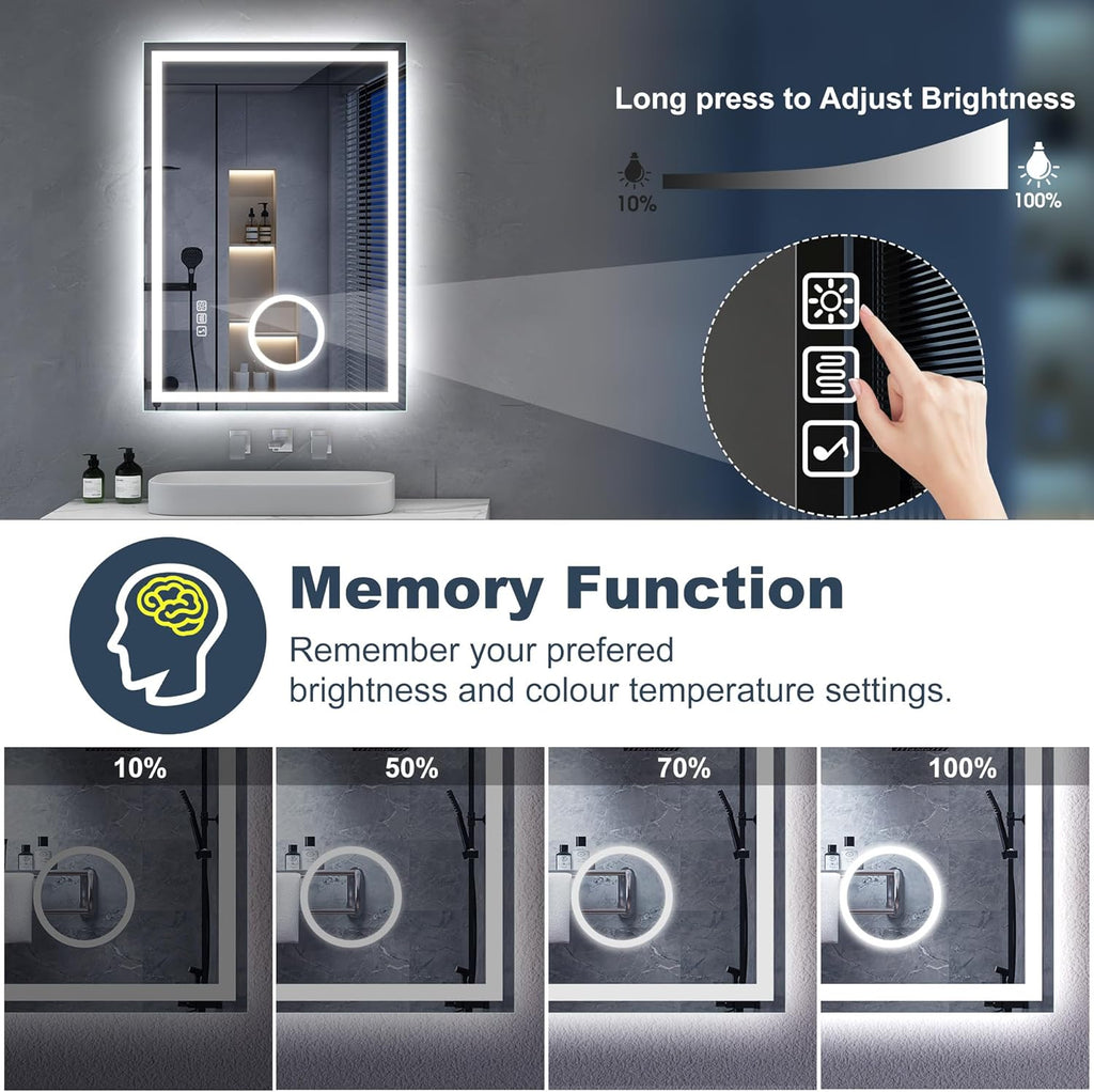 Miroir de salle de bain S'bagno avec éclairage 120 x 70 cm, miroir de salle de bain LED avec Bluetooth et fonction antibuée, intensité variable 3000 K/4000 K/6500 K, mémoire de forme, verre trempé HD, IP44 - Miroirs de salle de bain LED, horizontaux