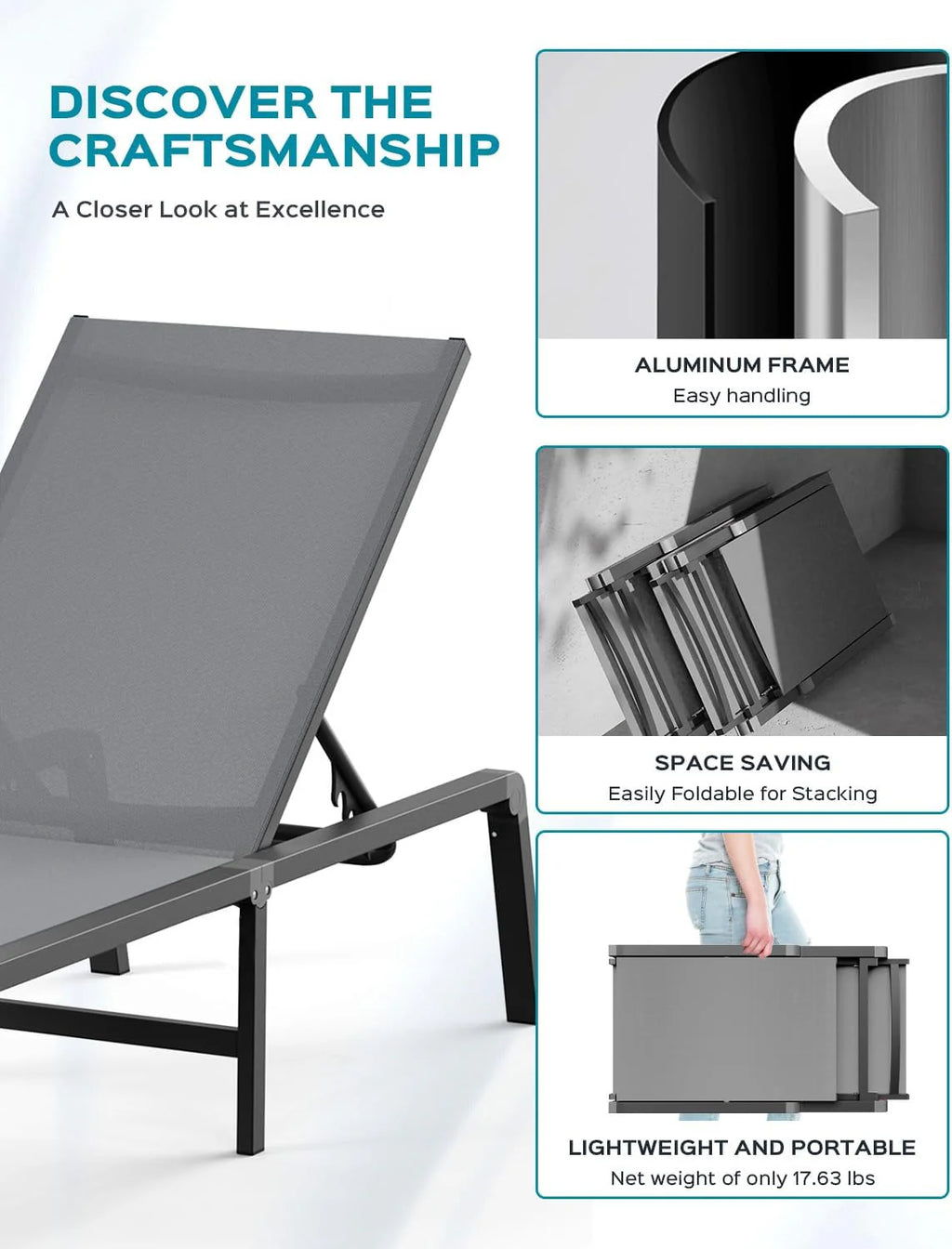 Chaise longue de jardin pliante en aluminium, sans montage, avec dossier réglable 5 positions, idéale pour terrasse, piscine et plage – Noir