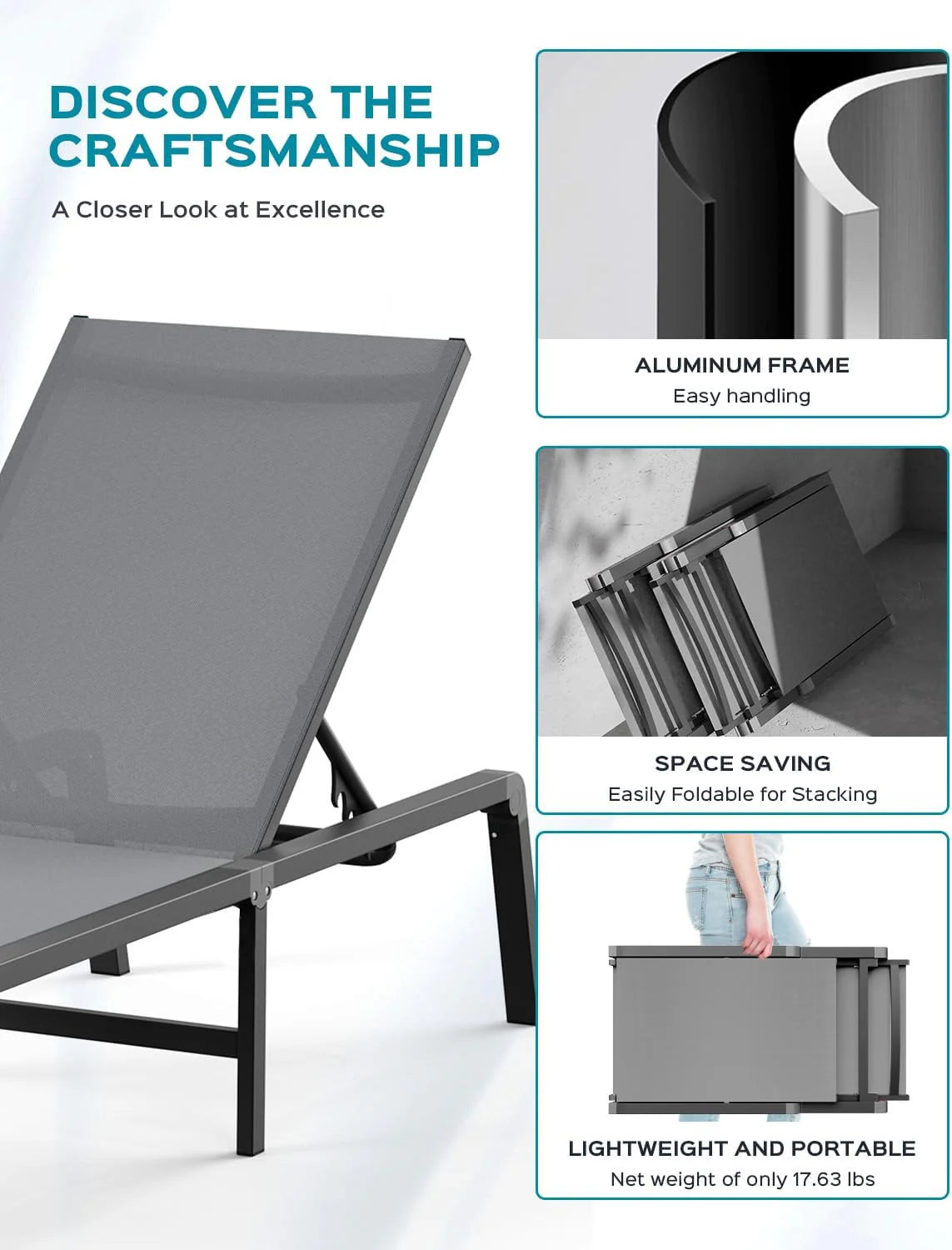 Chaise longue de jardin pliante en aluminium, sans montage, avec dossier réglable 5 positions, idéale pour terrasse, piscine et plage – Noir