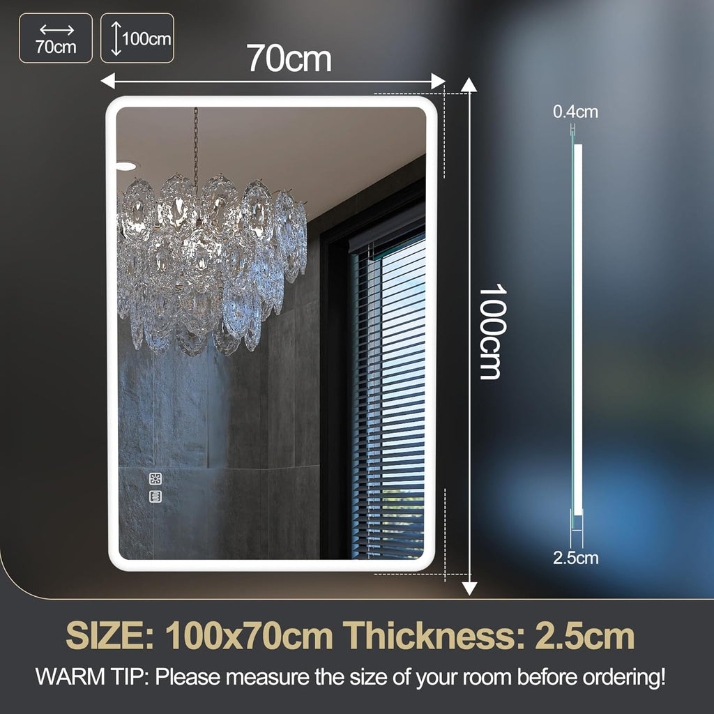 Miroir de salle de bain S'bagno avec éclairage 1200 x 700 mm, IP44, LED, Bluetooth, antibuée, 3 couleurs de lumière (3 000 K, 4 000 K, 6 500 K), intensité variable, mémoire, vertical ou horizontal. Miroirs de salle de bain avec LED.