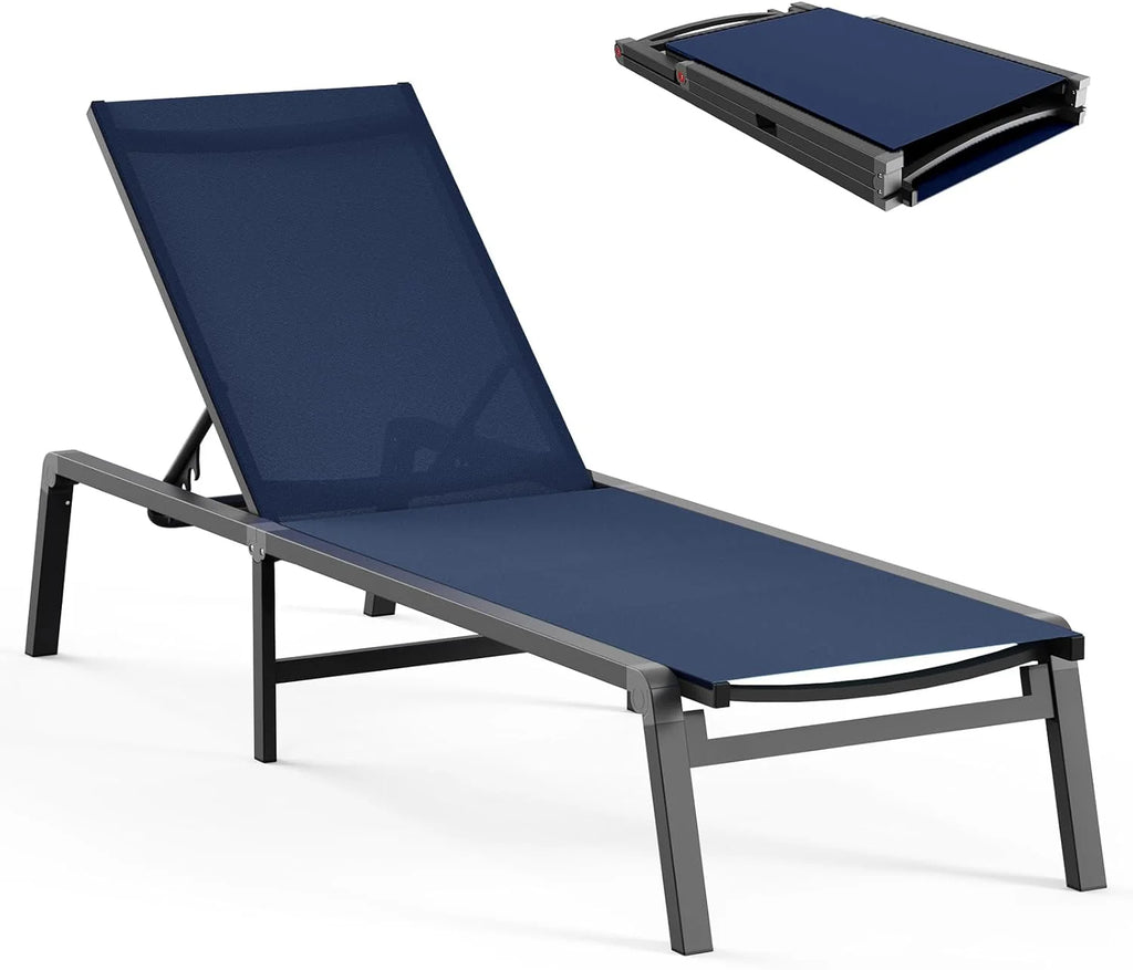 Chaise longue de jardin pliante en aluminium, sans montage, avec dossier réglable 5 positions, idéale pour terrasse, piscine et plage – Noir