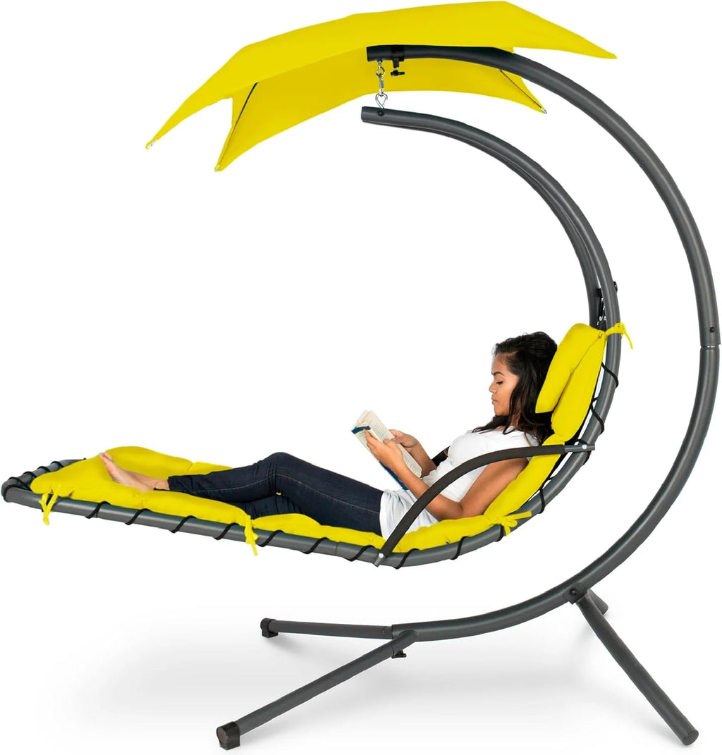 Chaise longue suspendue d'extérieur Best Choice Products – Fauteuil à bascule incurvé en acier avec coussin intégré et auvent amovible – Gris anthracite