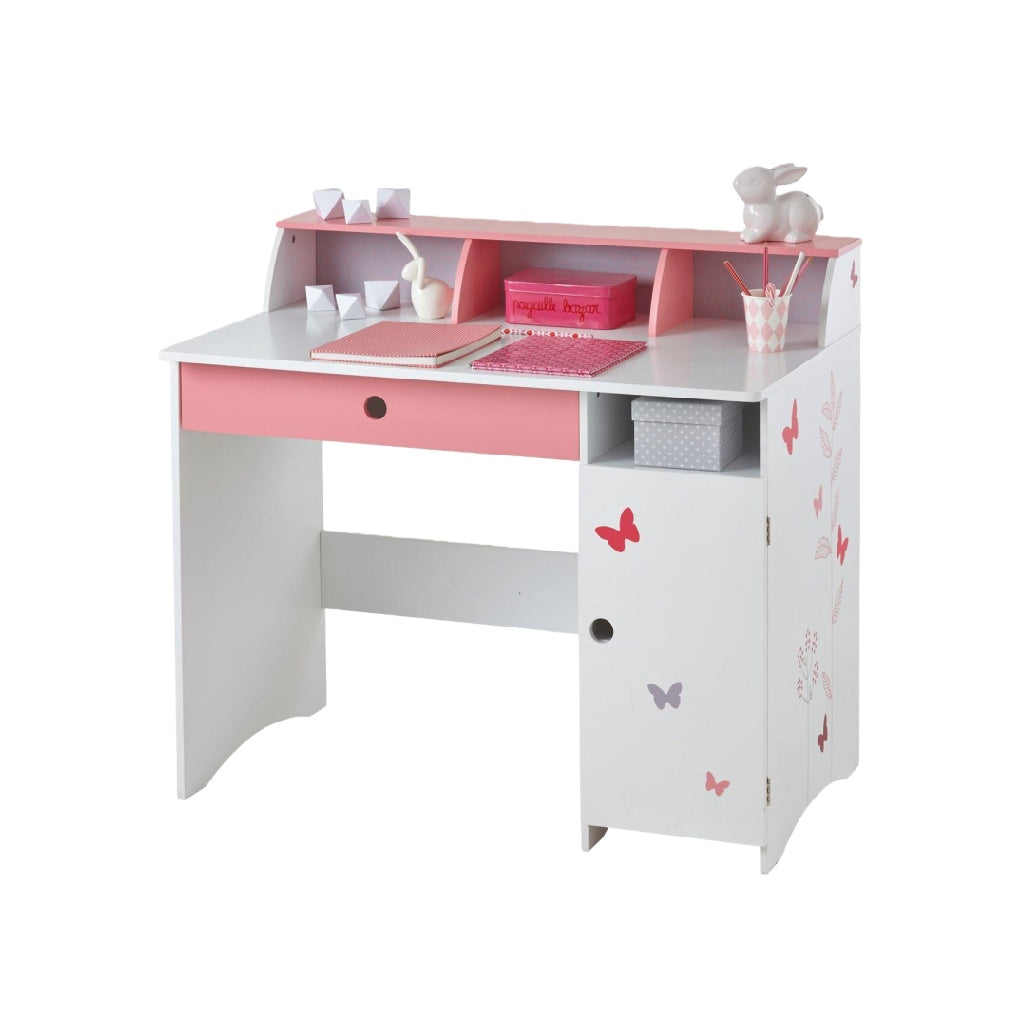Bureau enfant rose et blanc – décor papillons – avec tiroir et étagères