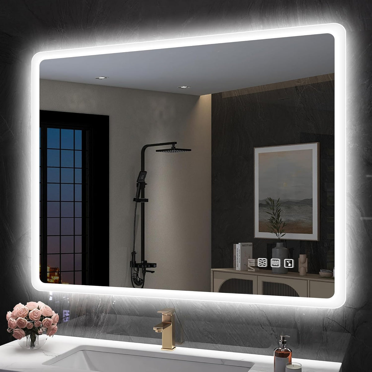 Miroir de salle de bain S'bagno avec éclairage 1200 x 700 mm, IP44, LED, Bluetooth, antibuée, 3 couleurs de lumière (3 000 K, 4 000 K, 6 500 K), intensité variable, mémoire, vertical ou horizontal. Miroirs de salle de bain avec LED.