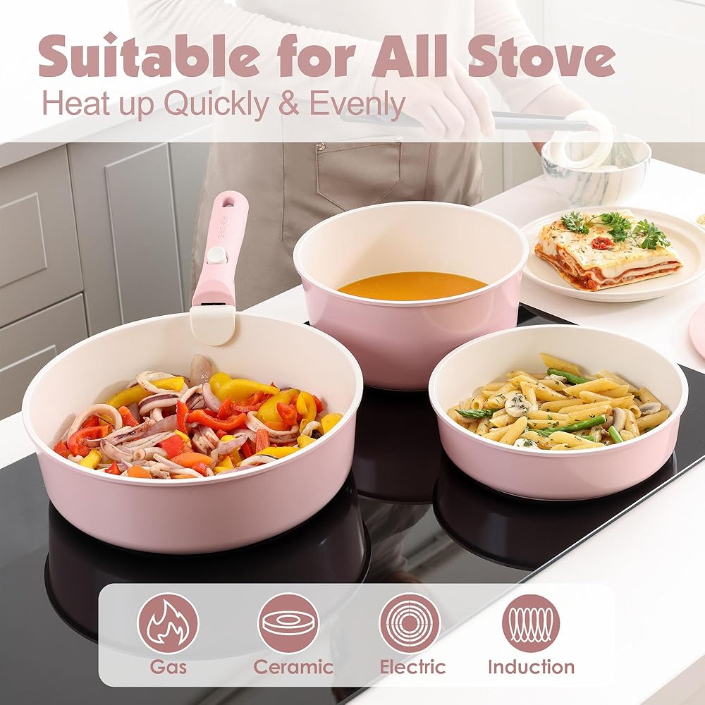 SENSARTE 17 Pièces Lot Poele et Casserole Induction, Revêtement Céramique Antiadhésif, Batterie de Cuisine avec Couvercle, Poignées Amovibles，Empilable, Compatible Lave-vaisselle, Sans PFOA et PFAS : Cuisine et Maison