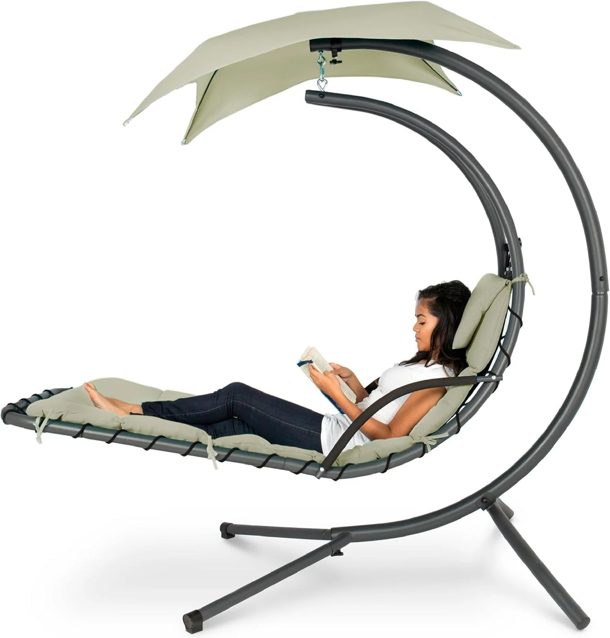Chaise longue suspendue d'extérieur Best Choice Products – Fauteuil à bascule incurvé en acier avec coussin intégré et auvent amovible – Gris anthracite