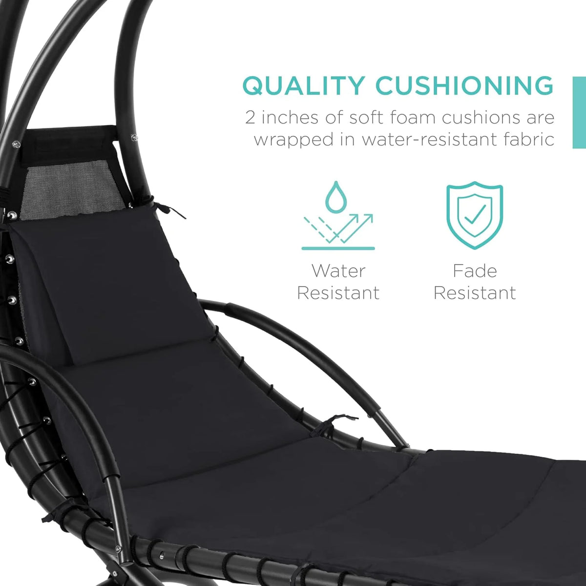 Chaise longue suspendue d'extérieur Best Choice Products – Fauteuil à bascule incurvé en acier avec coussin intégré et auvent amovible – Gris anthracite