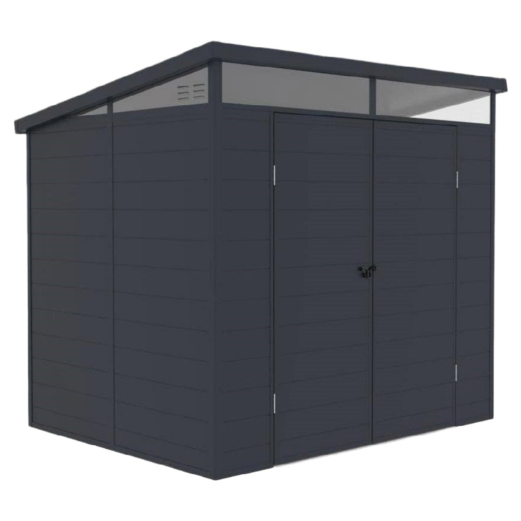 Abri de jardin en métal moderne à toit monopente avec bandeau lumineux – double porte verrouillable – gris anthracite