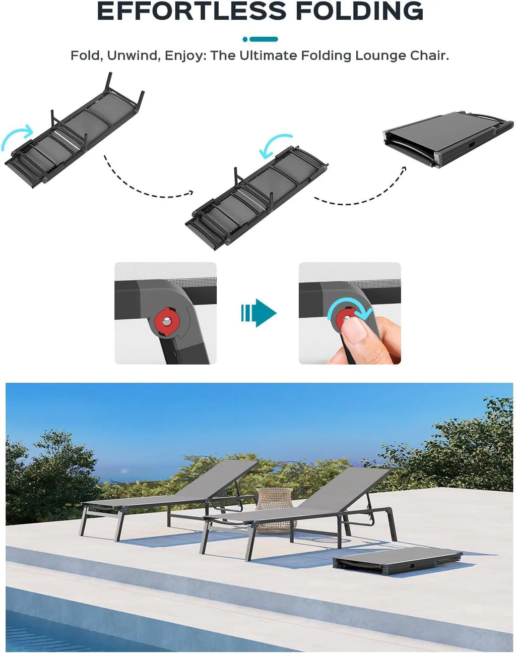 Chaise longue de jardin pliante en aluminium, sans montage, avec dossier réglable 5 positions, idéale pour terrasse, piscine et plage – Noir