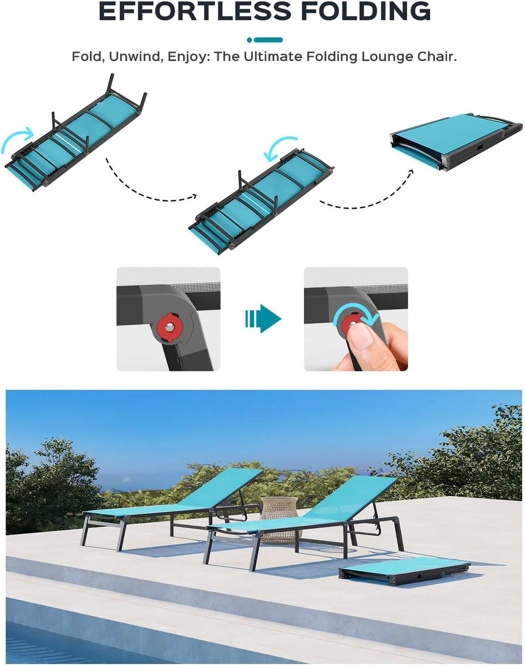 Chaise longue de jardin pliante en aluminium, sans montage, avec dossier réglable 5 positions, idéale pour terrasse, piscine et plage – Noir